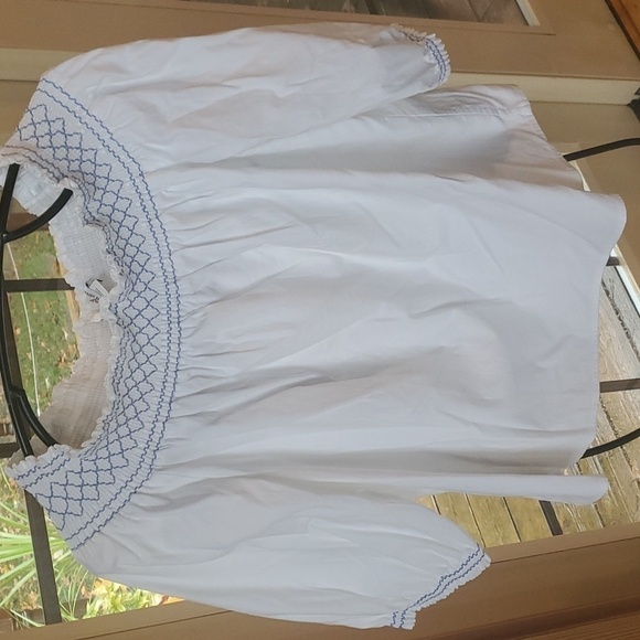 Vineyard Vines 3/4 Sleeve Smocked Blue & White Stitching Sz L Blouse Tunic - Picture 2 of 12